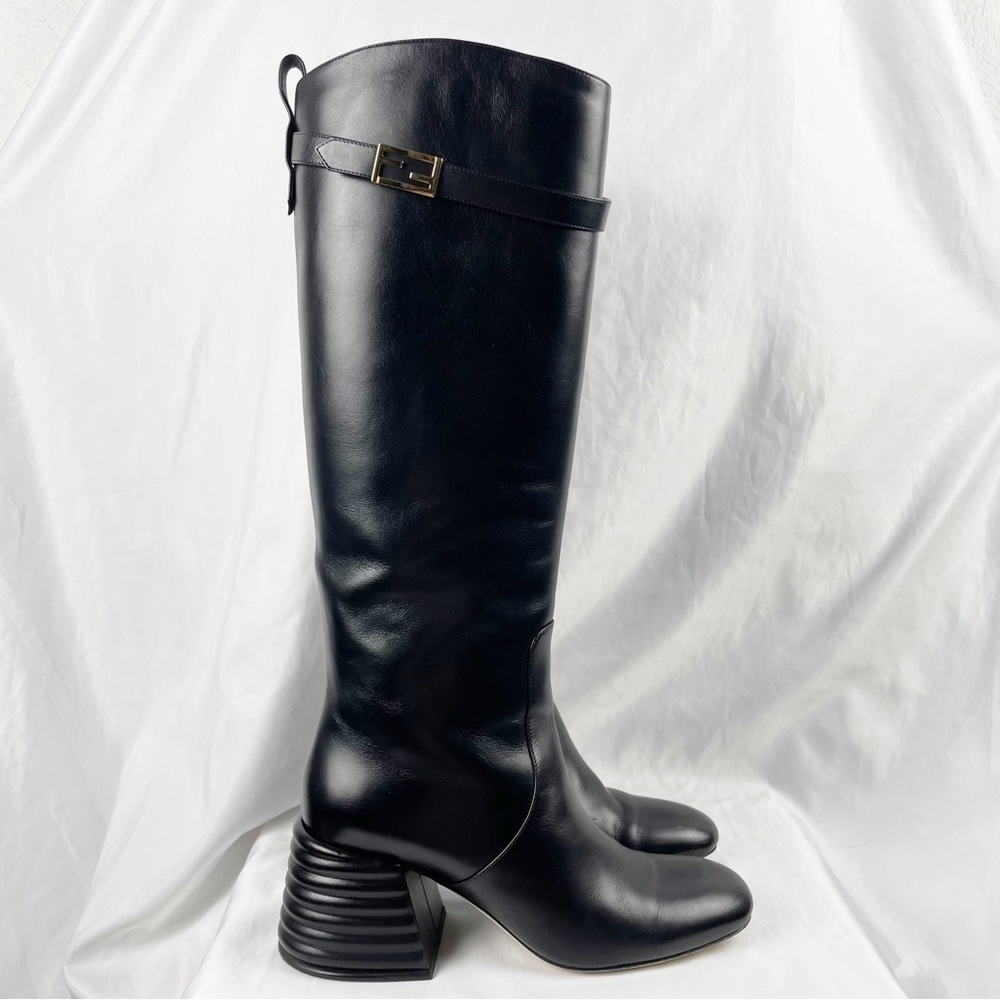 Fendi Sable FF Motif Block Heel Knee High Riding Boots Black Leather EU 38.5 - Picture 2 of 9